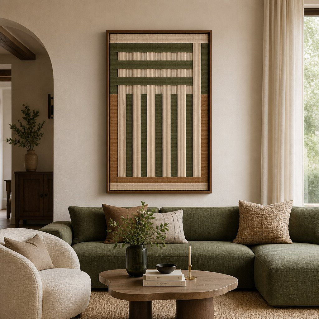 Sage Green & Beige Framed Woven Wall Art-Handwoven Textile Art #AR1075