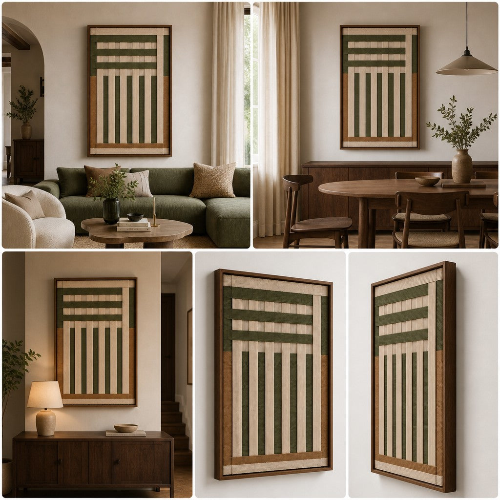 Sage Green & Beige Framed Woven Wall Art-Handwoven Textile Art #AR1075