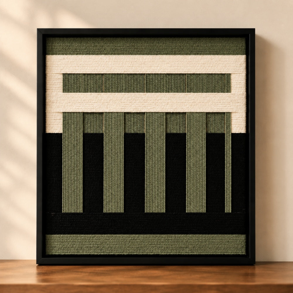 Olive Structure Textile Wall Art | Handmade Green & Black Fiber Artwork #AR1077