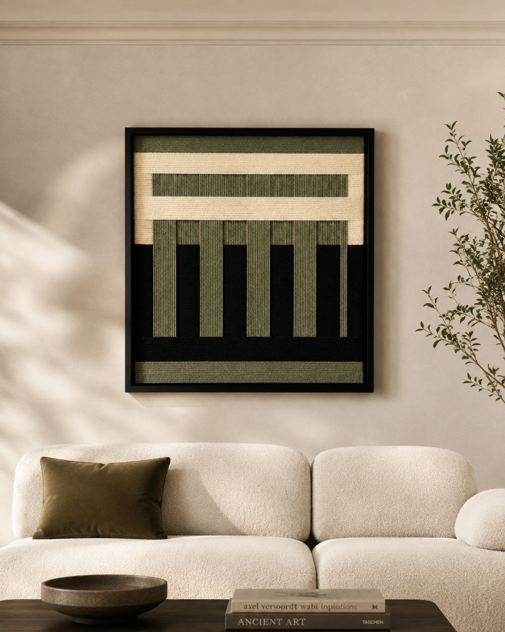 Olive Structure Textile Wall Art | Handmade Green & Black Fiber Artwork #AR1077