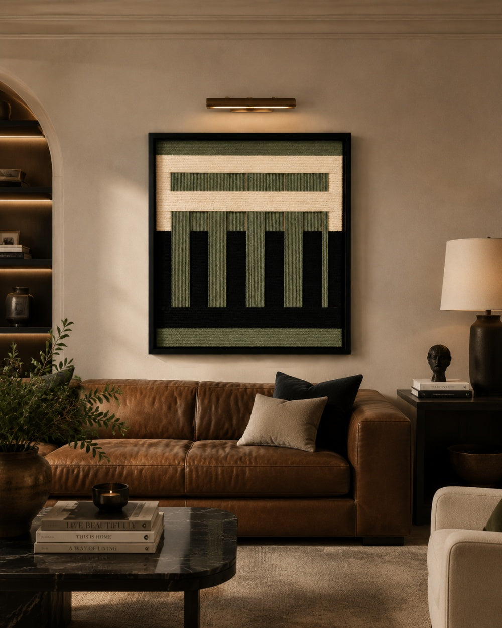 Olive Structure Textile Wall Art | Handmade Green & Black Fiber Artwork #AR1077
