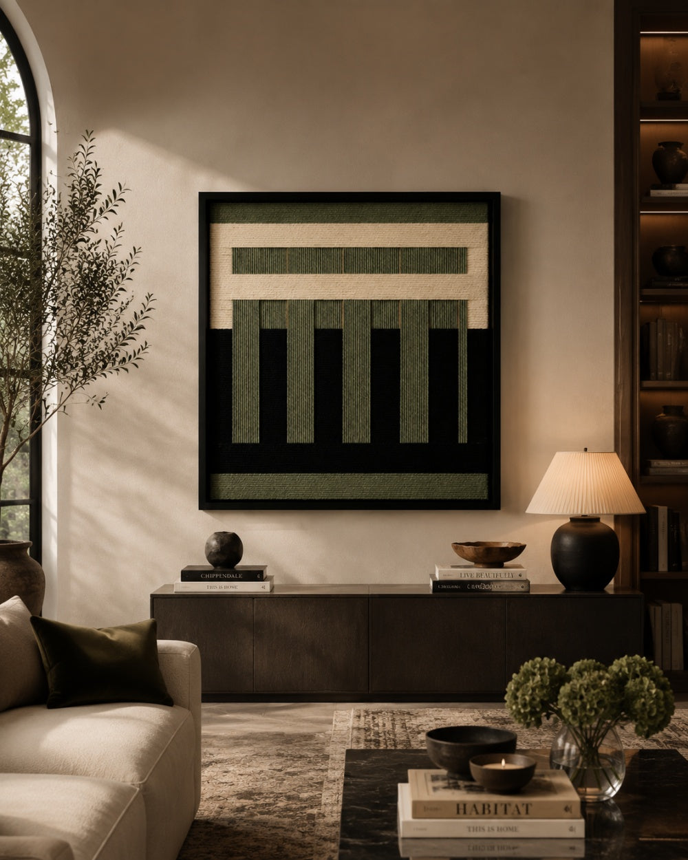 Olive Structure Textile Wall Art | Handmade Green & Black Fiber Artwork #AR1077